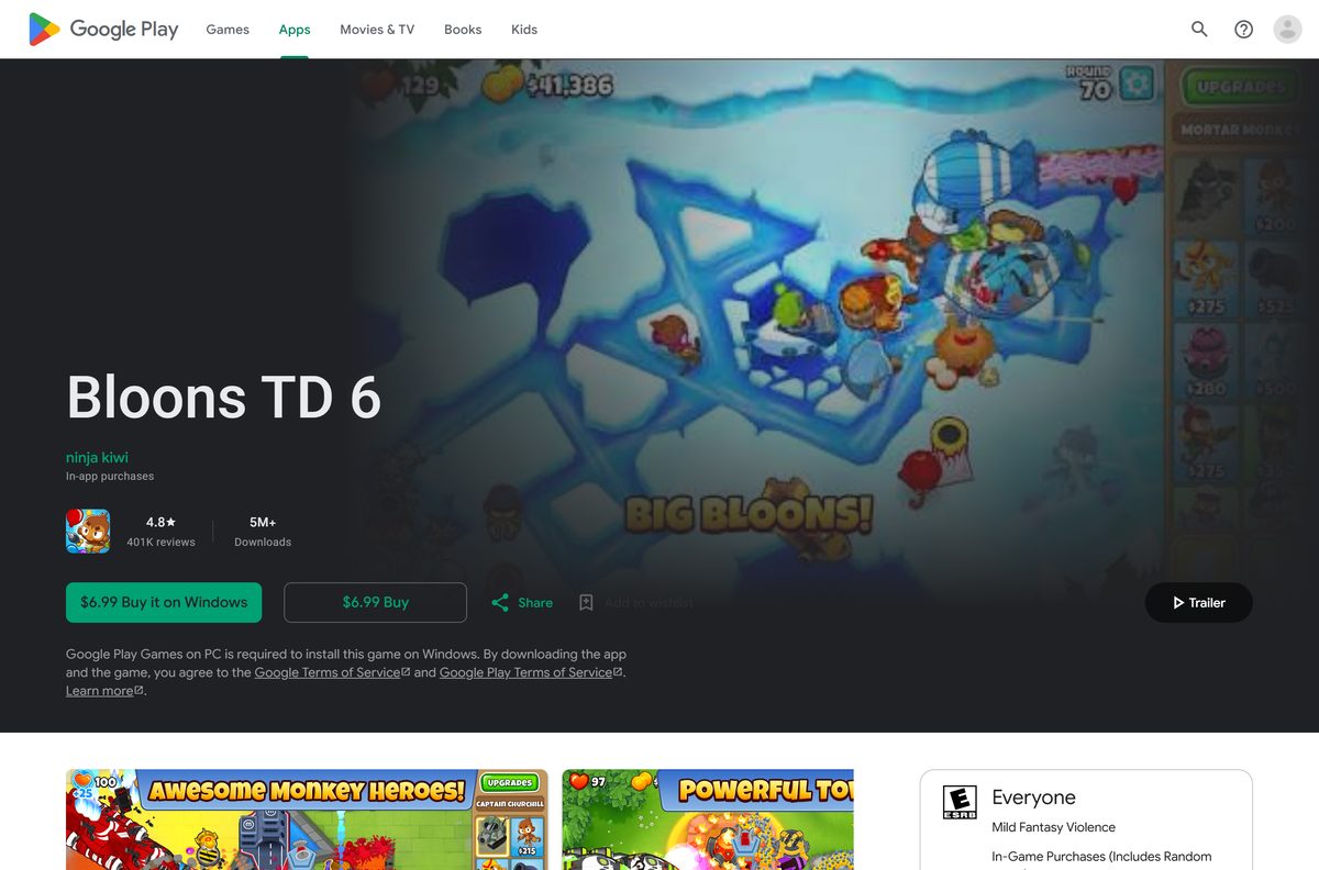 Google Play listing for Bloons TD 6 with the Windows buy option