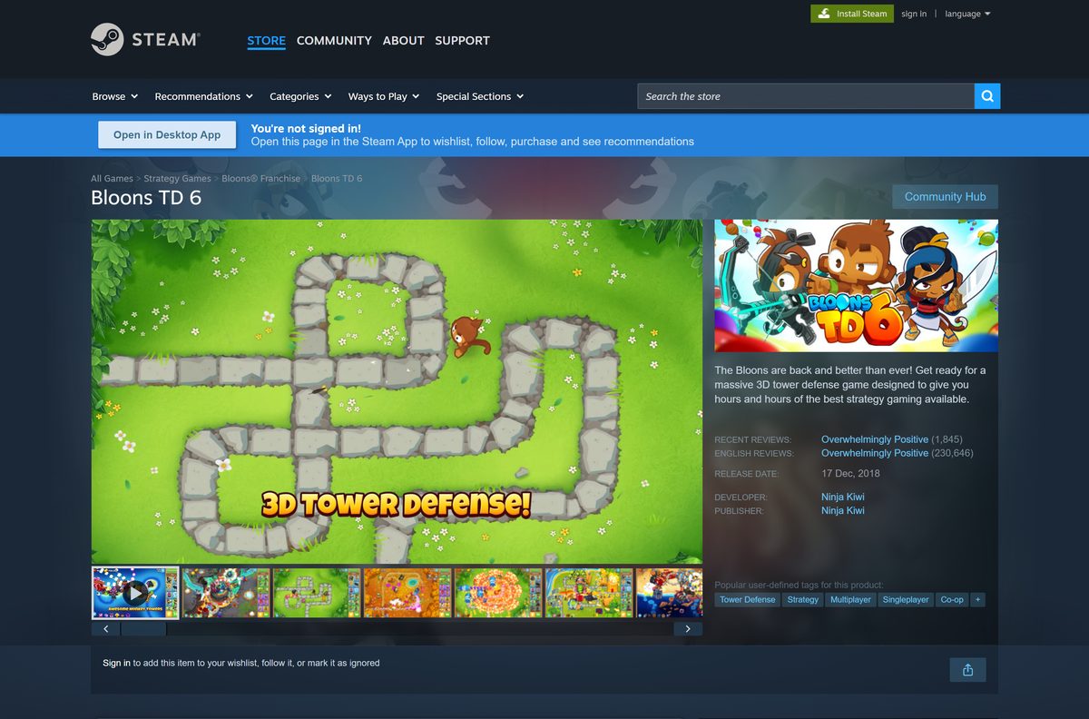 Steam store listing for Bloons TD 6 with reviews and purchase options