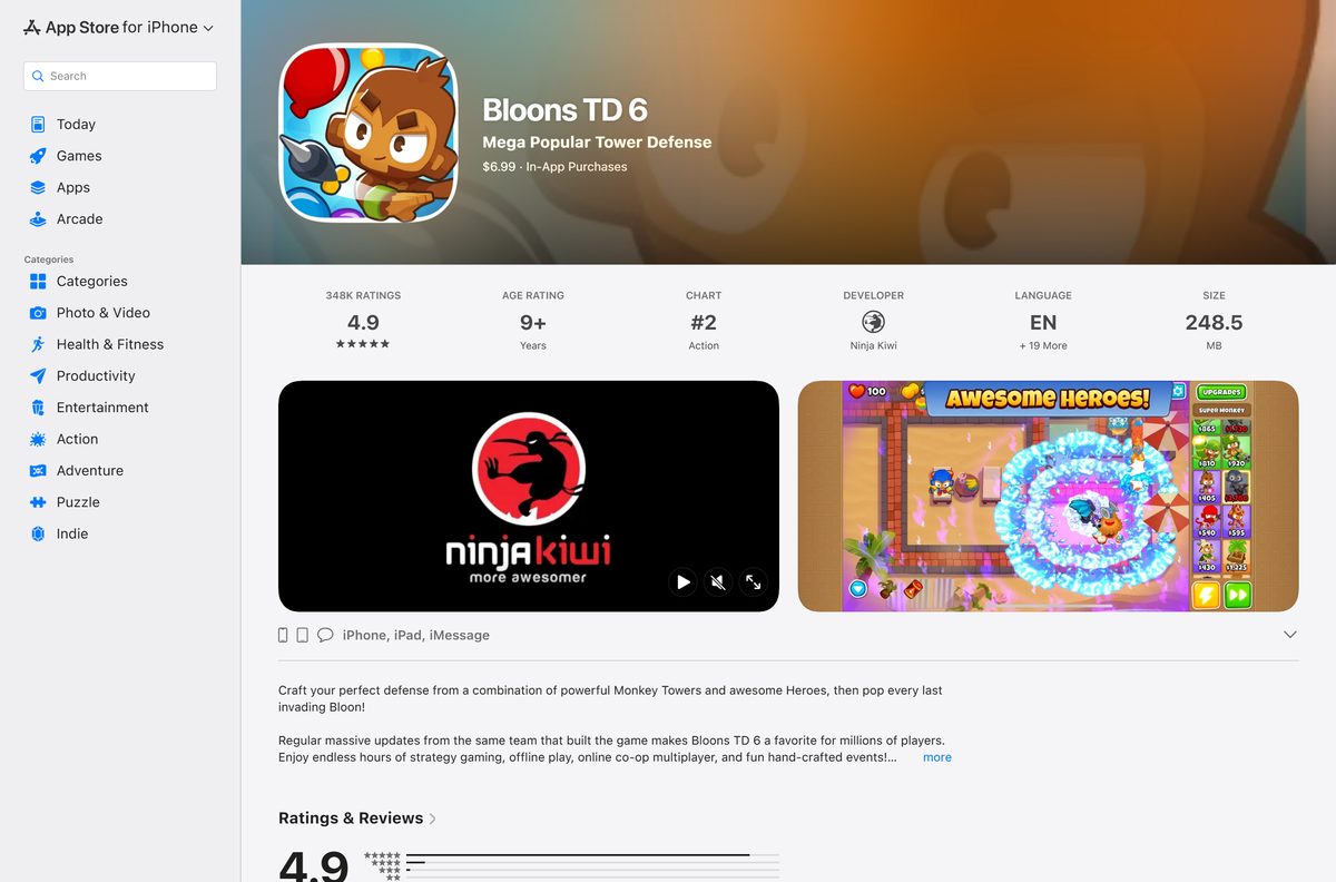 App Store page for Bloons TD 6 on iPhone and iPad