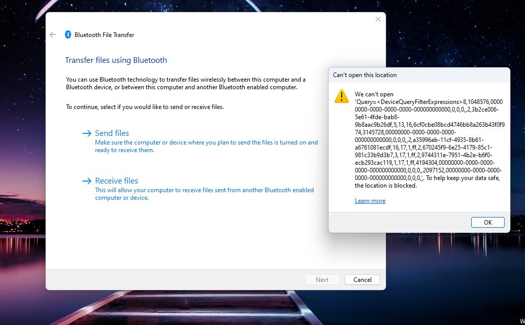 Bluetooth File Transfer window with Send files and Receive files options