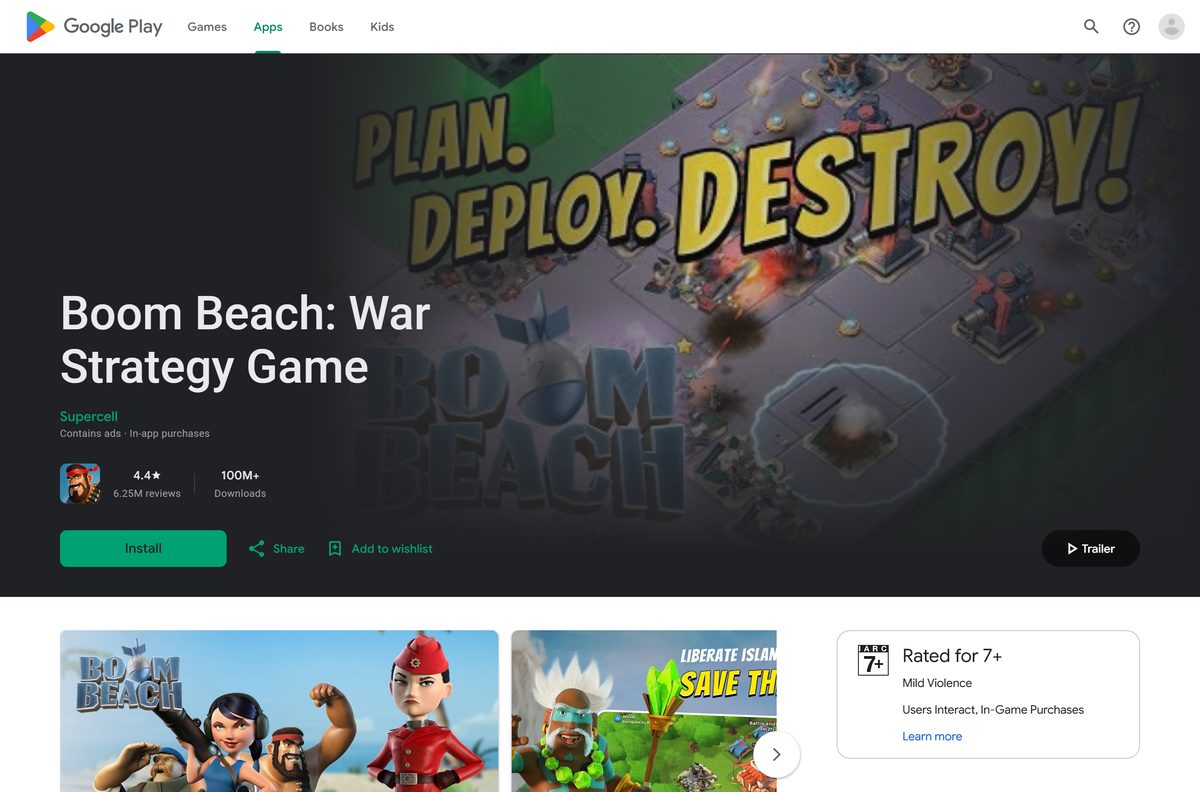 Google Play listing for Boom Beach showing a plain Install button