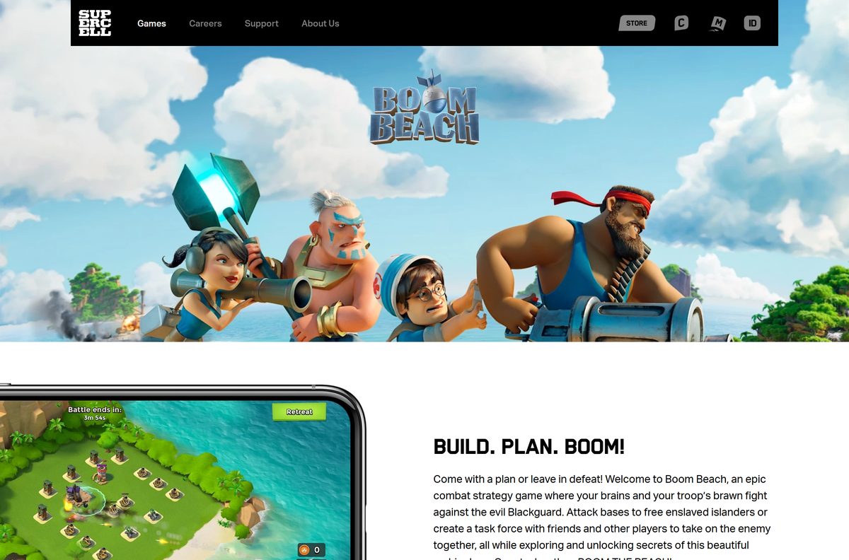 Supercell game page for Boom Beach with its store links
