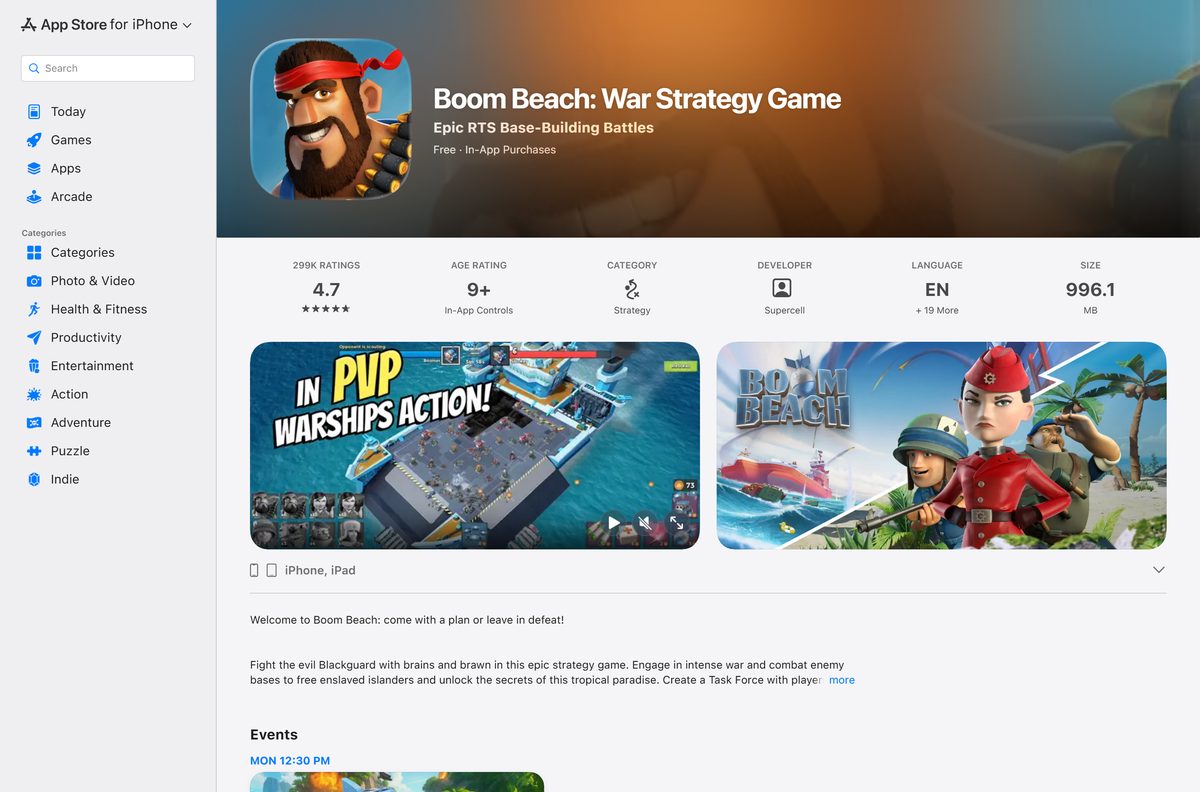 App Store listing for Boom Beach with its Get button