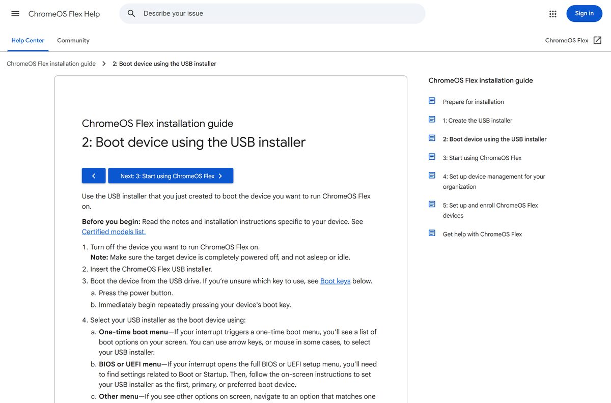 Boot key table for starting ChromeOS Flex from a USB drive