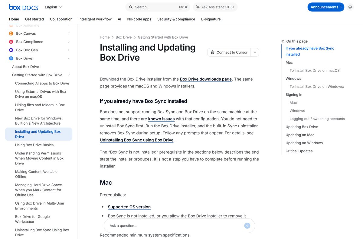 Box support article showing install prerequisites for Windows and Mac