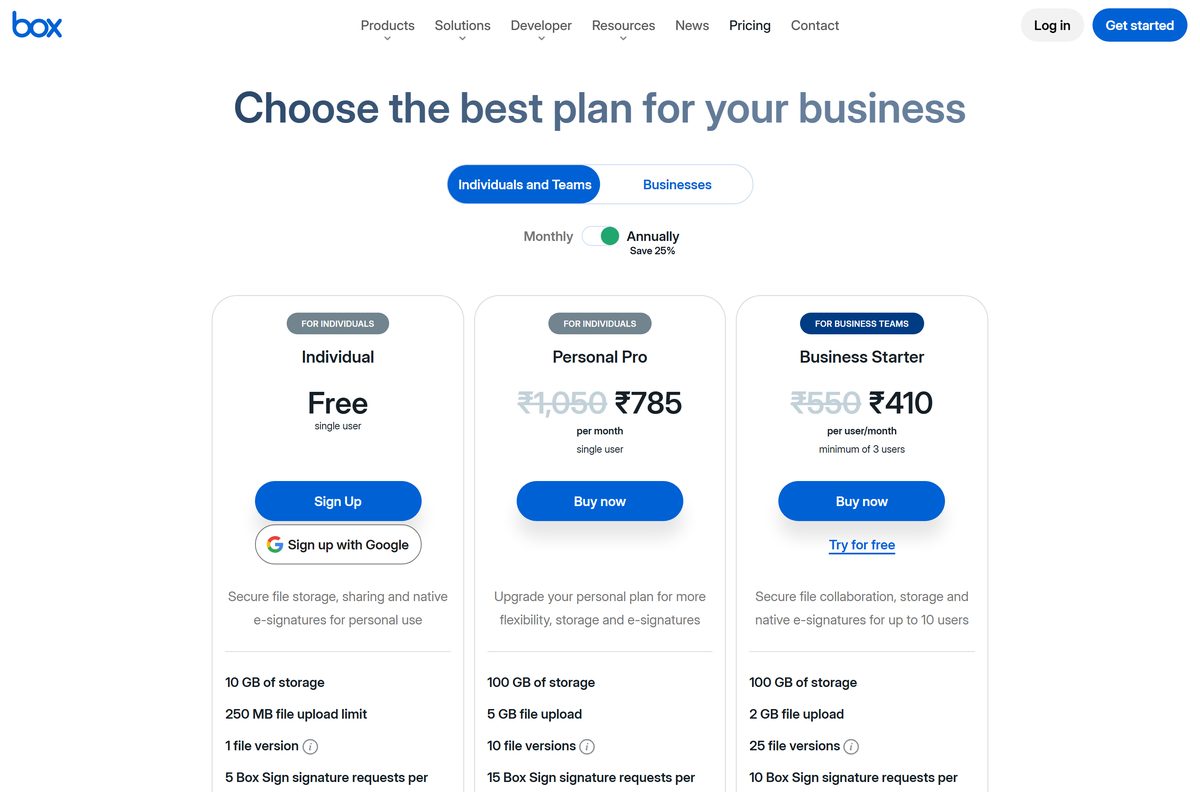 Box pricing page comparing the free Individual plan and Personal Pro