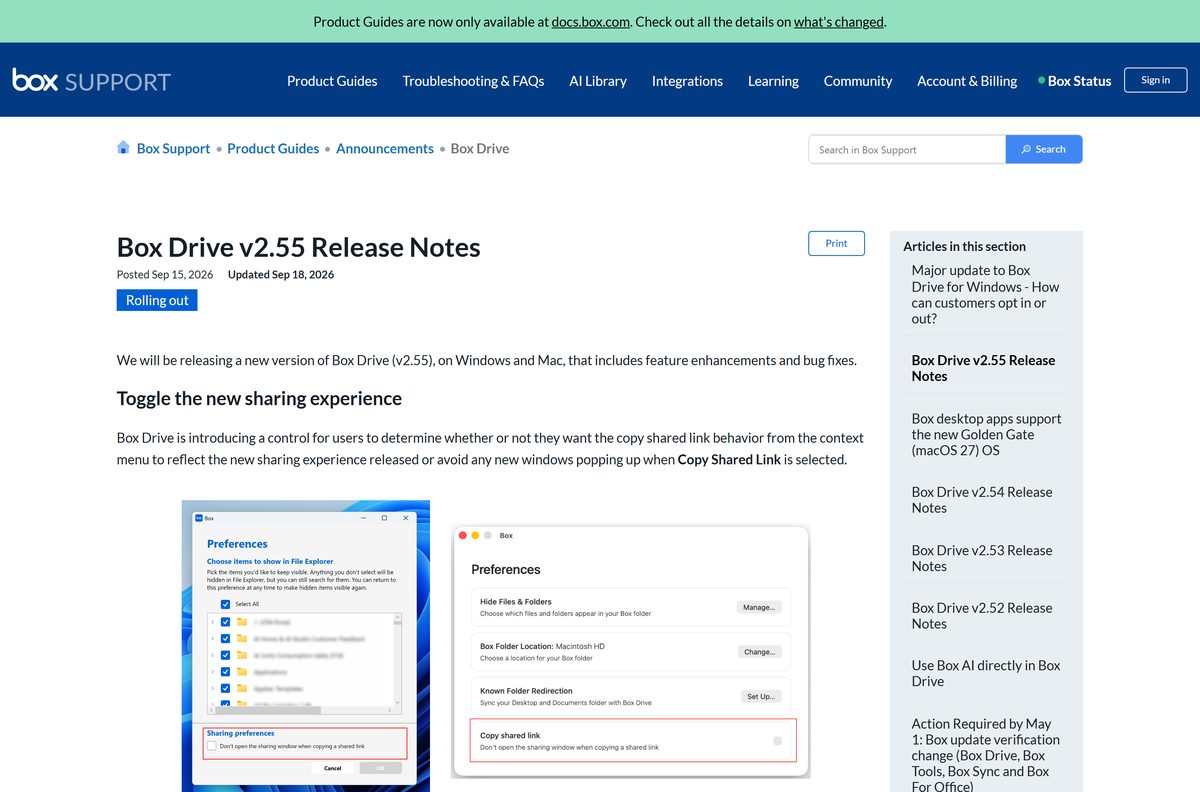 Box support page describing the newest desktop release for Windows and Mac