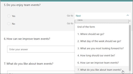 Branching dropdown listing questions to jump to after an answer
