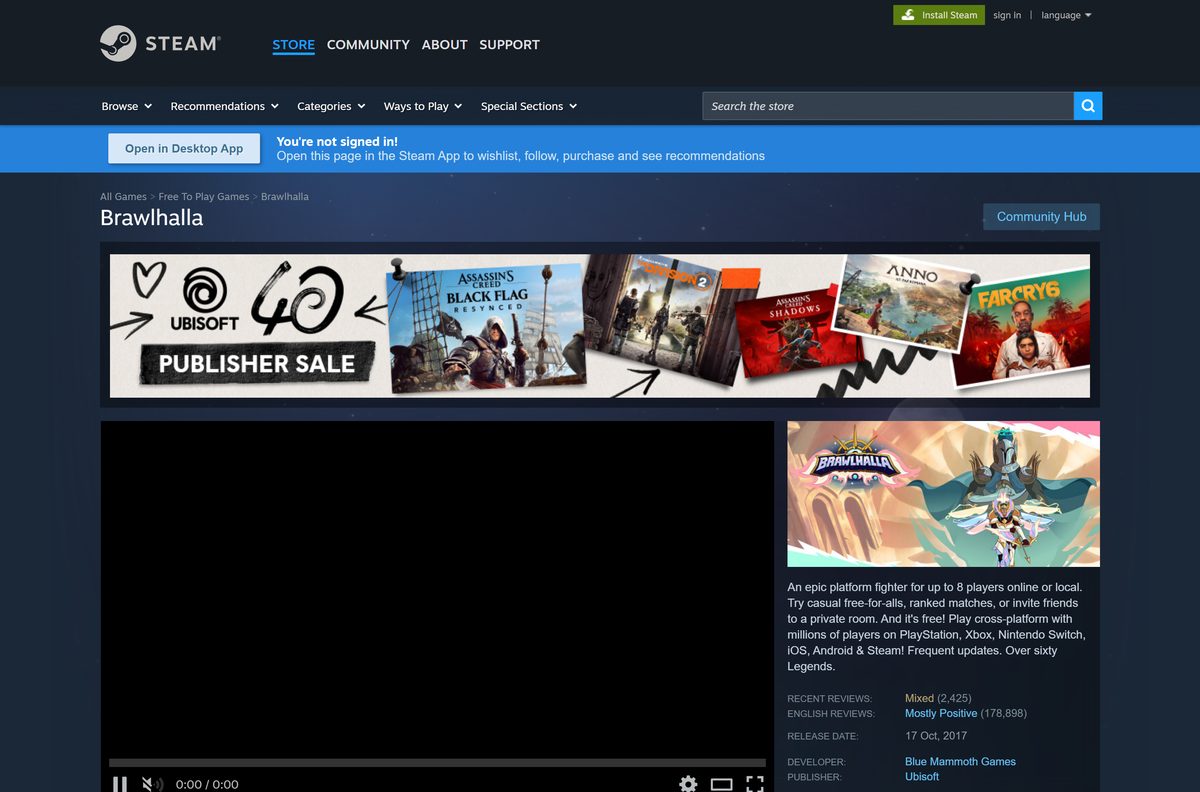 Steam store page for Brawlhalla with its free-to-play button