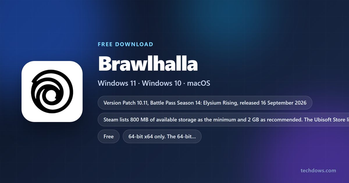 Brawlhalla spec card listing version, price and supported operating systems