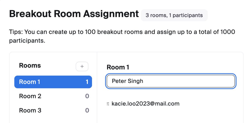 Breakout Room Assignment panel listing three rooms and one participant