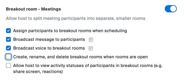 Breakout room Meetings toggle turned on with sub-option checkboxes