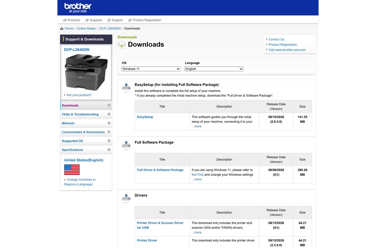 Brother support page listing drivers, utilities and management tools