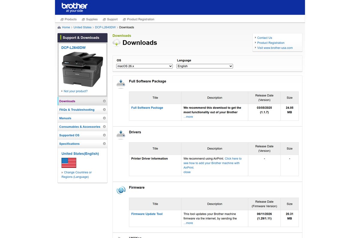 Brother macOS download list showing the full software package and tools
