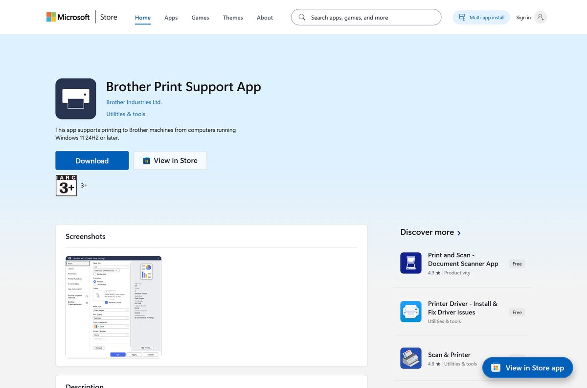 Microsoft Store listing for the Brother Print Support App and its publisher