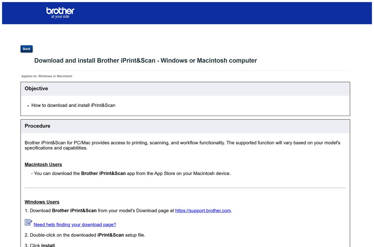 Brother support article listing the install steps for Windows and Mac