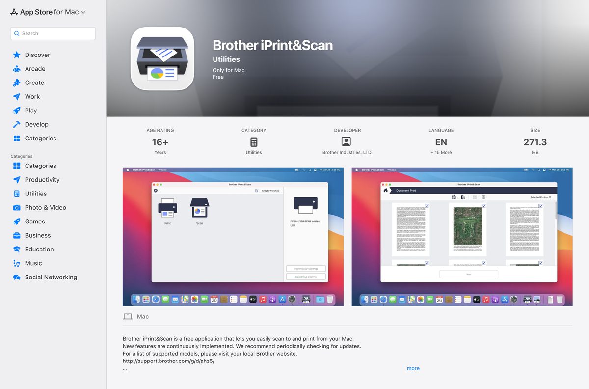 Mac App Store page for Brother iPrint&Scan showing price and size