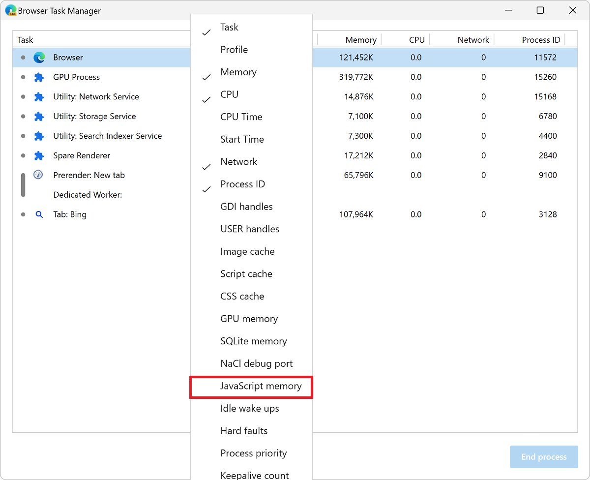 Browser Task Manager column menu with JavaScript memory highlighted
