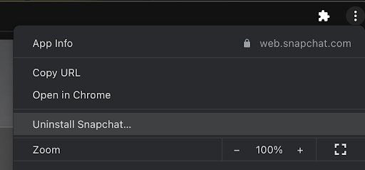 Browser app menu with the Uninstall Snapchat option showing