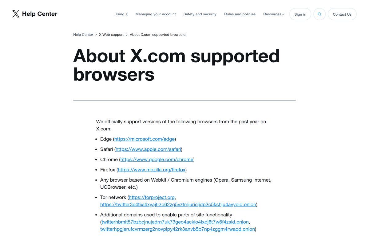 Help page naming Edge, Safari, Chrome and Firefox as supported browsers