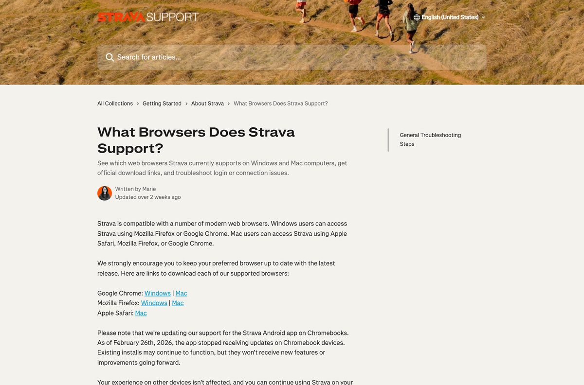 Strava help page listing supported browsers on Windows and Mac