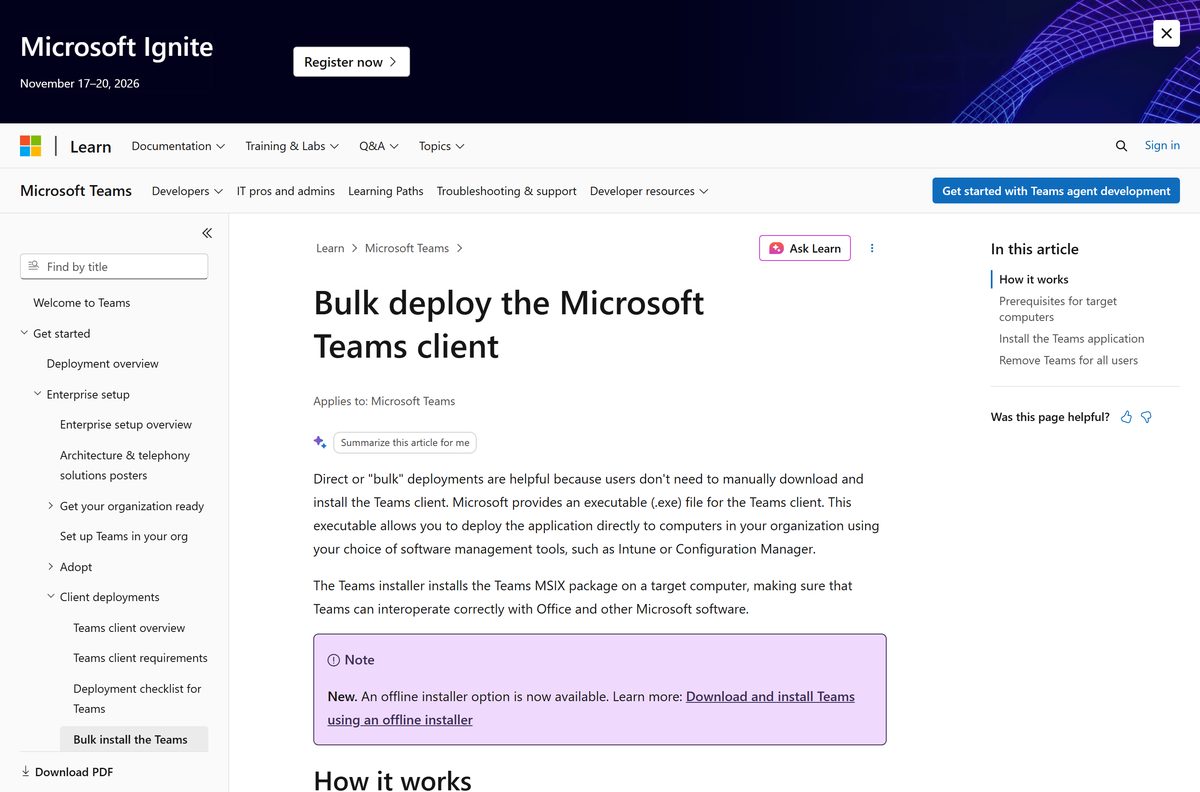 Microsoft page listing the MSIX packages and the offline install command