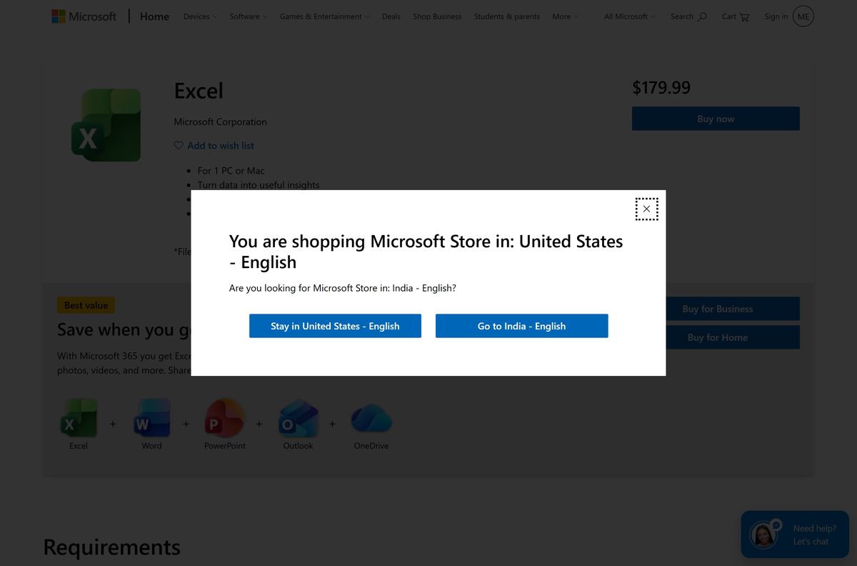 Microsoft Excel one-time purchase page with its system requirements