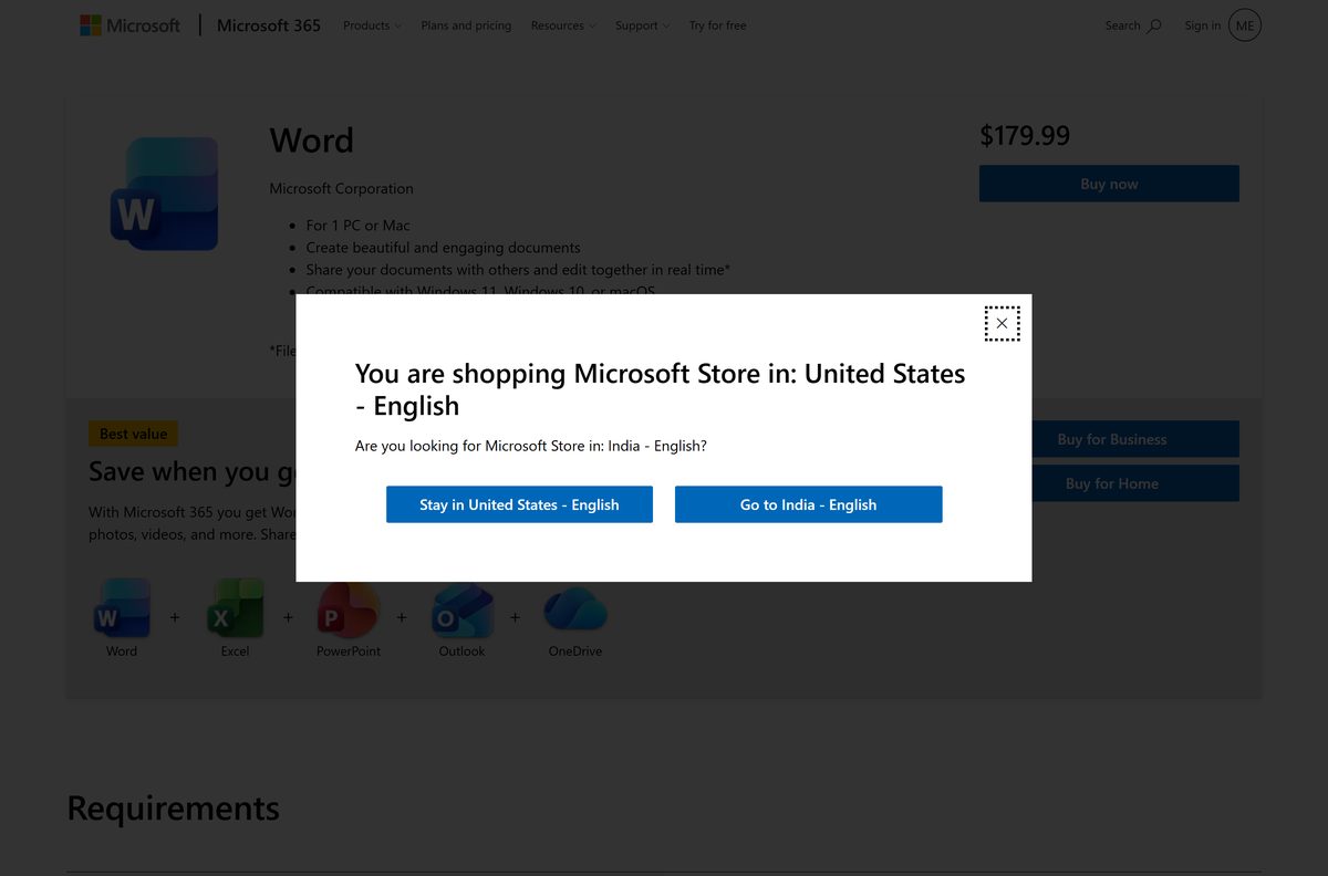 Microsoft page selling Word as a one-time purchase for one device