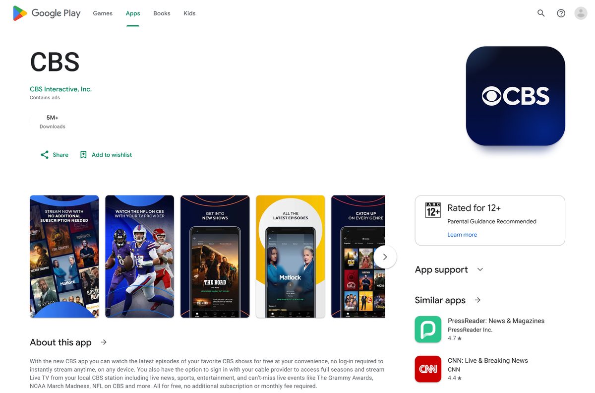 Google Play listing for CBS with its install button