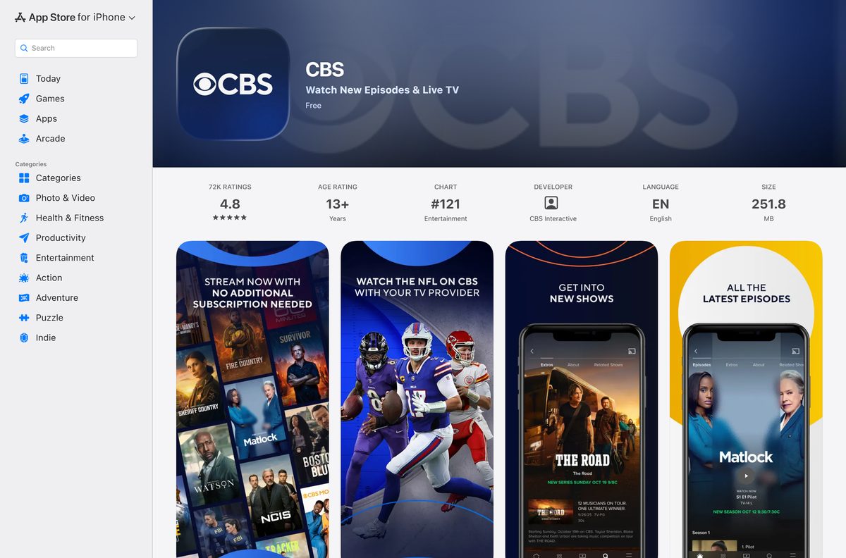 App Store page for CBS with ratings and size