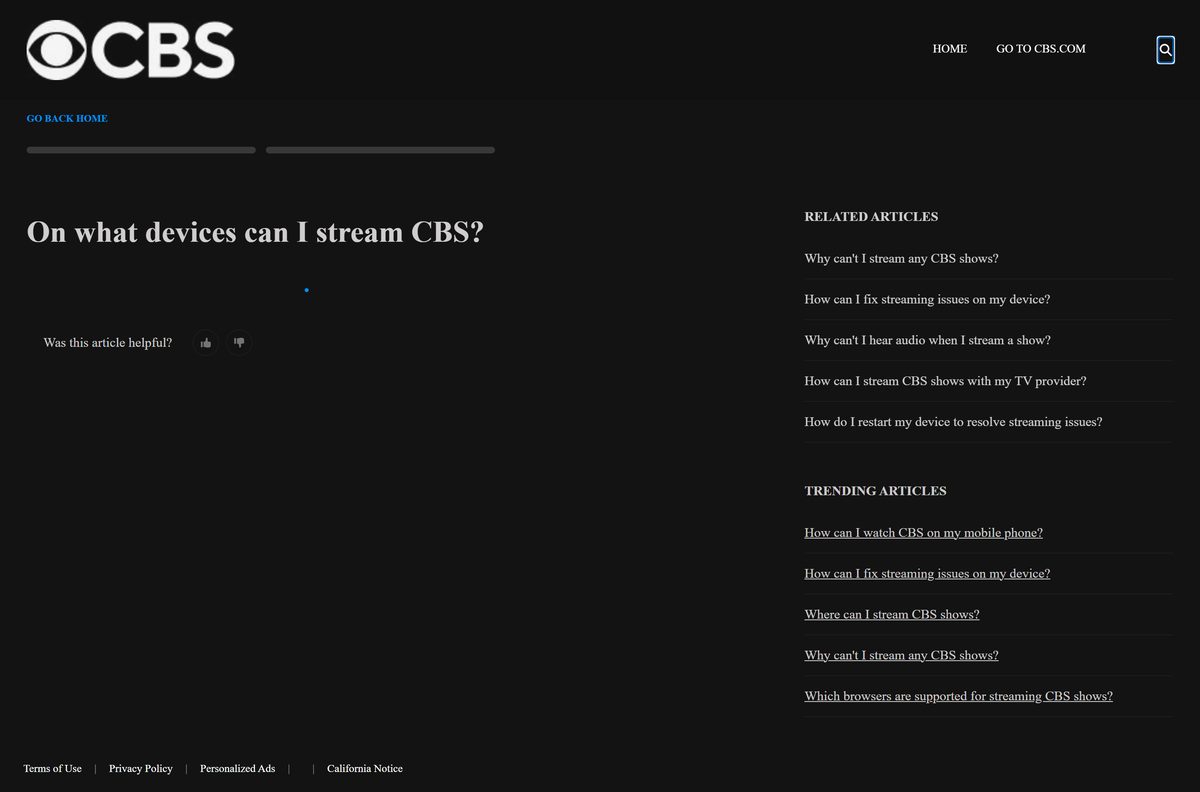 CBS Help Center list of supported streaming devices