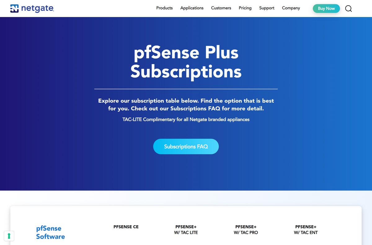 Netgate comparison table of pfSense CE and Plus subscriptions