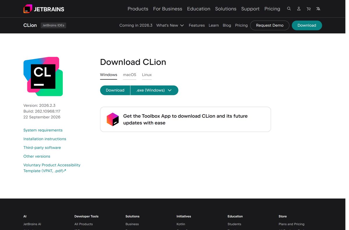 JetBrains download page for CLion with Windows, macOS and Linux tabs