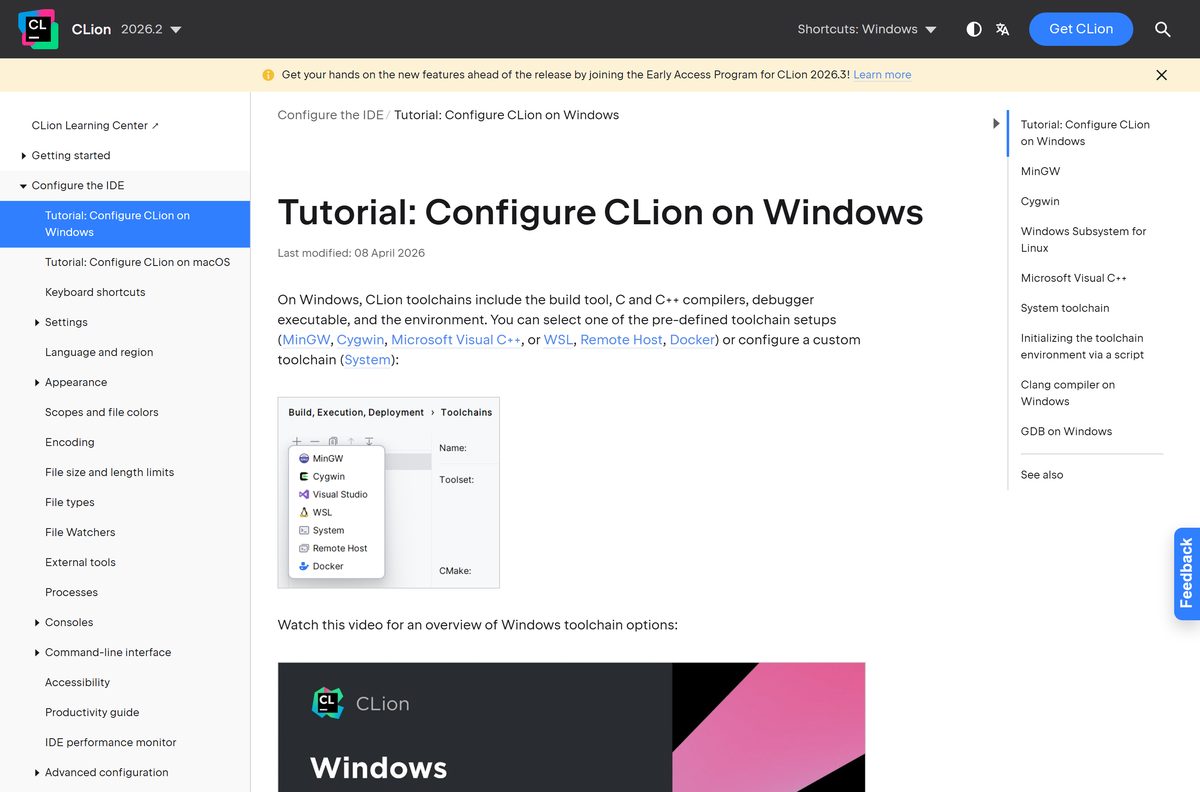 CLion help page on configuring Windows compiler toolchains