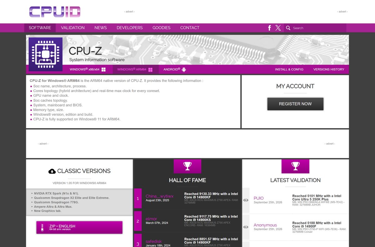CPU-Z for Windows ARM64 page listing supported Snapdragon chips