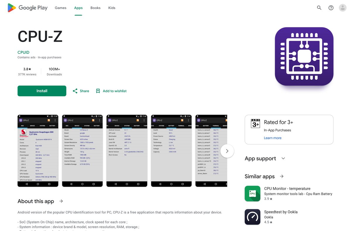 Google Play listing for CPU-Z with its rating and installs