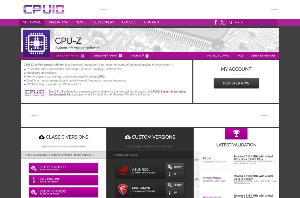 CPU-Z page on cpuid.com with setup and ZIP downloads