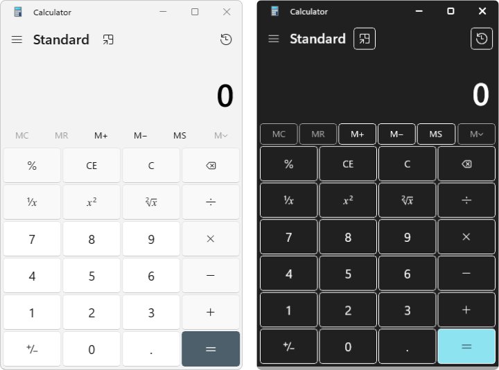 Calculator app shown in Light theme beside the Aquatic contrast theme