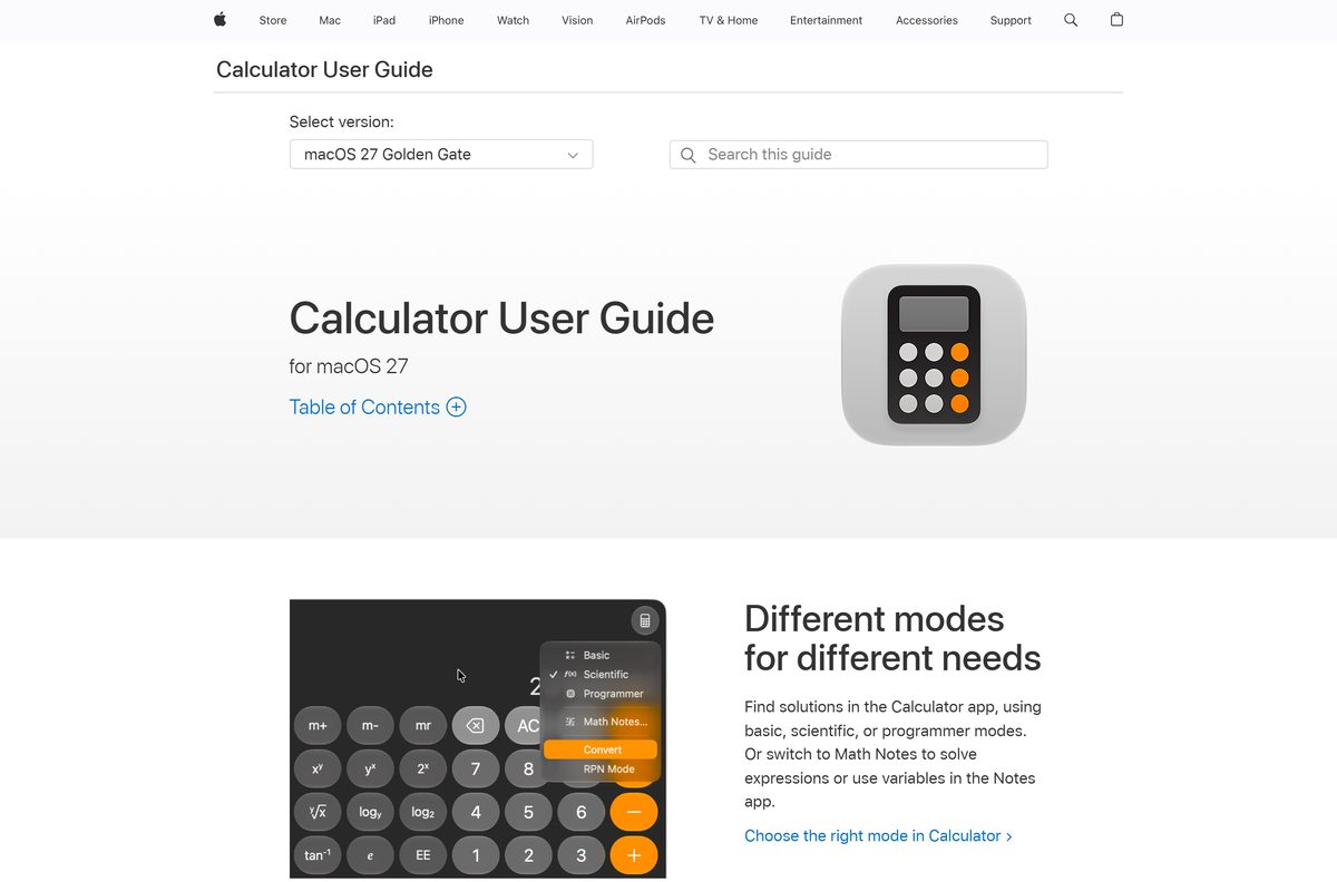 Apple user guide page for the built-in Mac calculator app