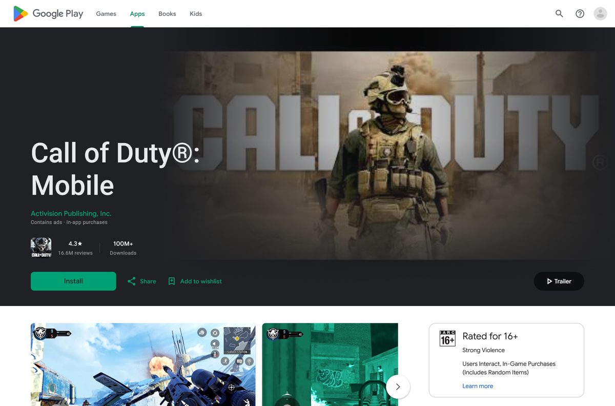 Google Play listing for Call of Duty: Mobile with the Install button