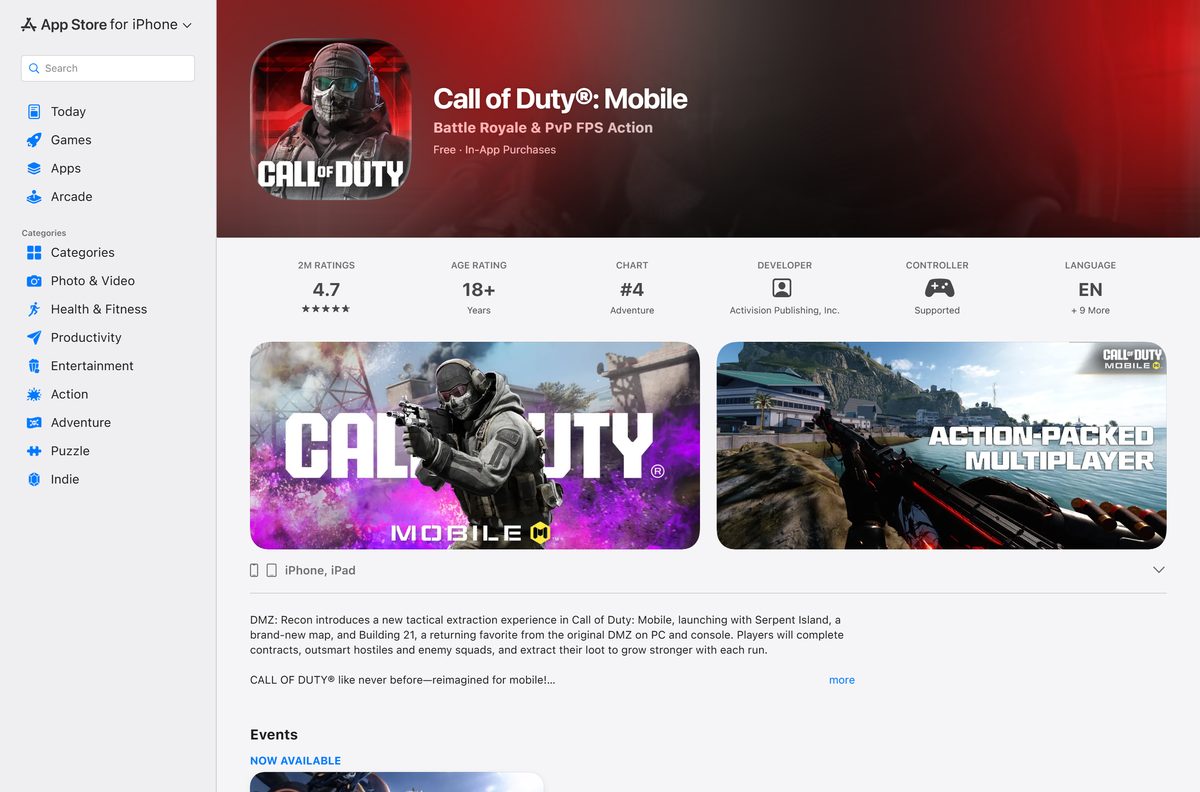App Store listing for Call of Duty: Mobile with its Get button