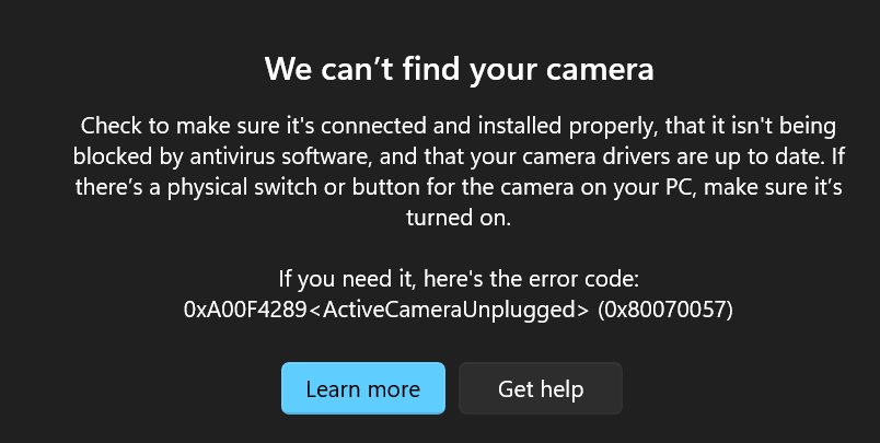 Camera app error screen reading We can't find your camera