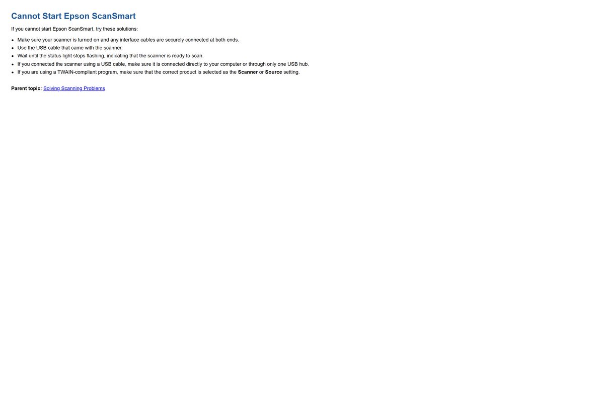 Epson user guide page on fixing ScanSmart startup problems