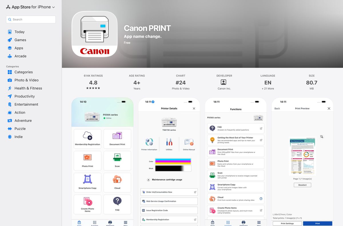App Store listing for the Canon PRINT companion app with its rating