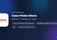 Canon driver card showing version, licence, size and supported systems