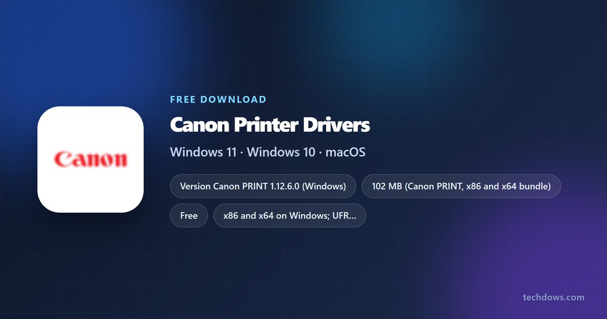 Canon driver card showing version, licence, size and supported systems