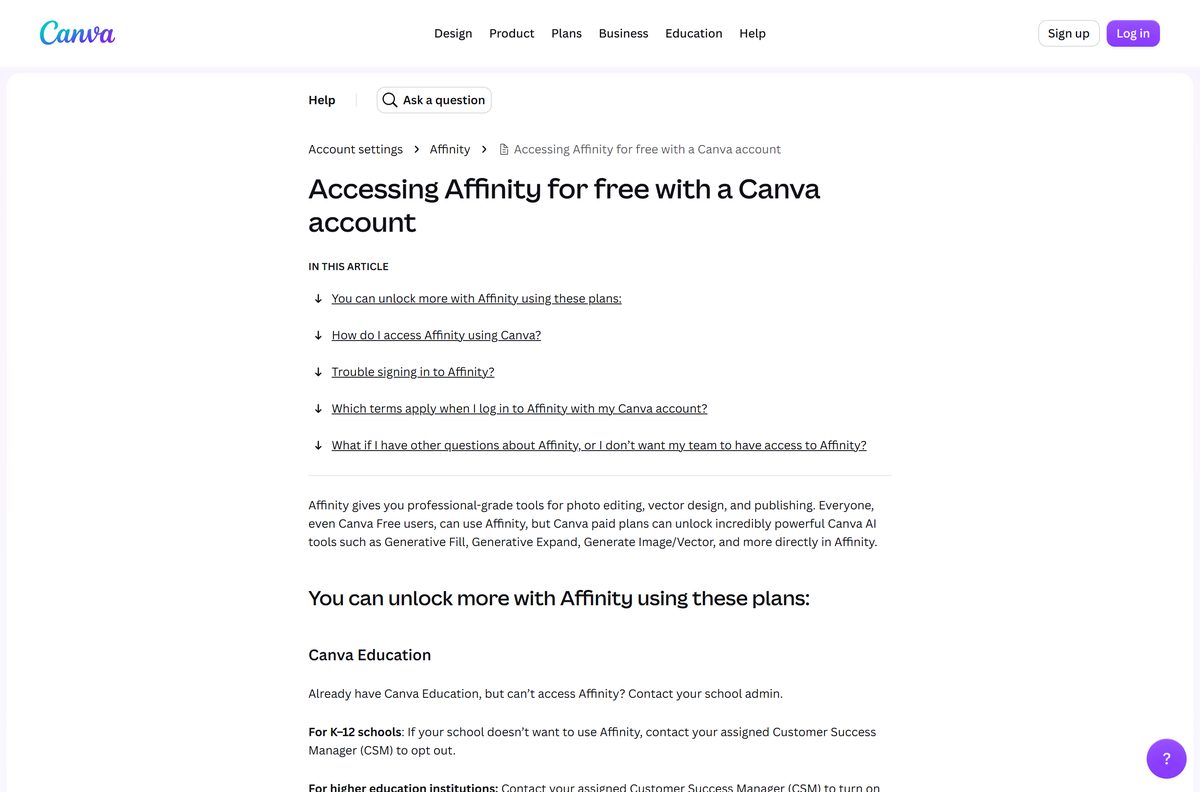 Canva help article explaining free access to Affinity Designer for every plan