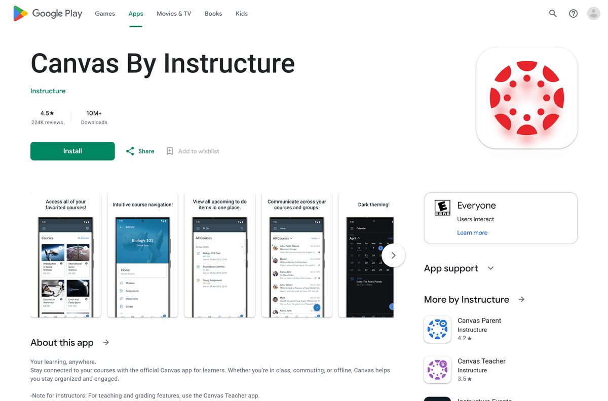 Google Play listing for Canvas with its publisher and download count