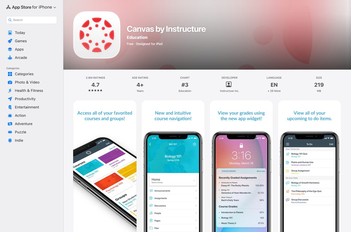 App Store listing for Canvas on iPhone and iPad from Instructure