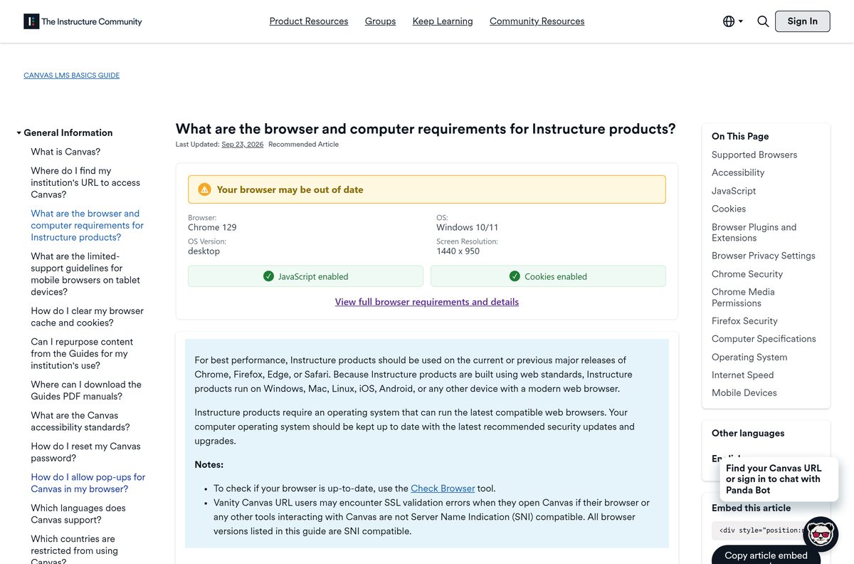 Instructure guide listing supported browsers and computer requirements